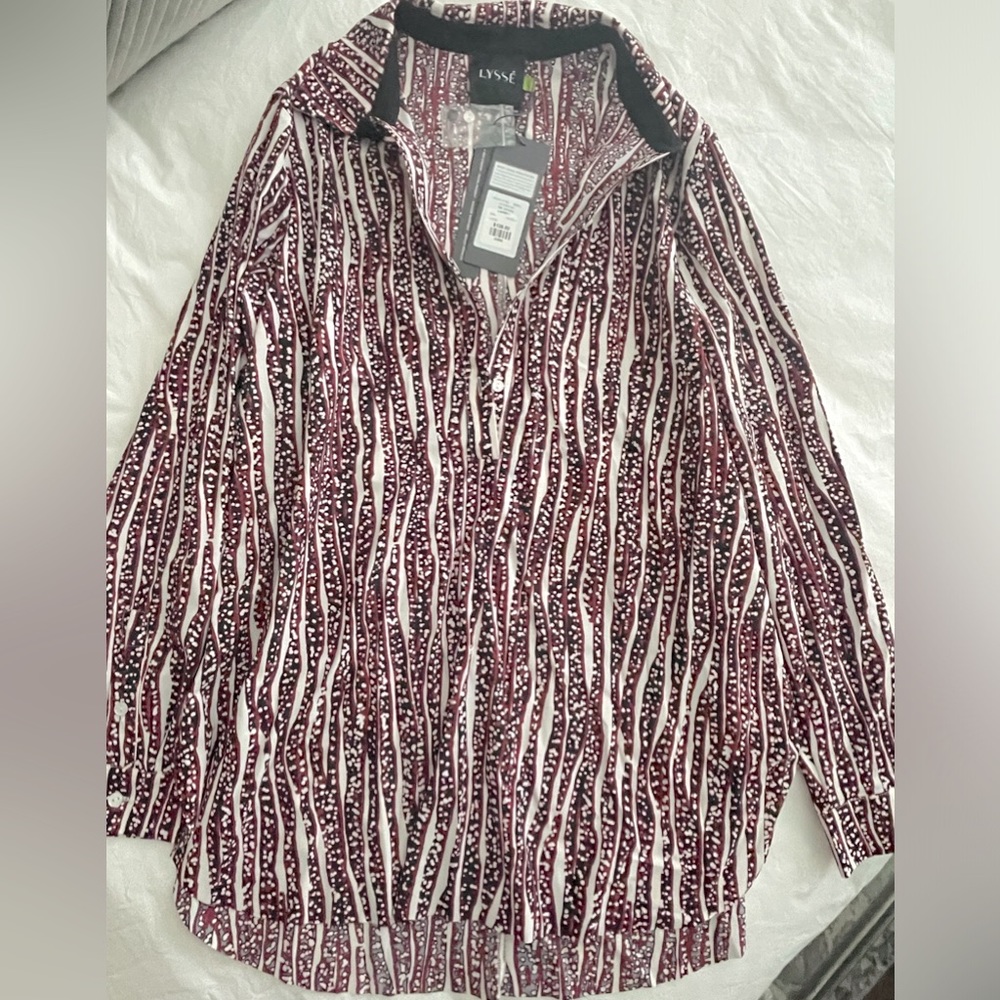 Lysse women’s printed ten black white blouse size Large